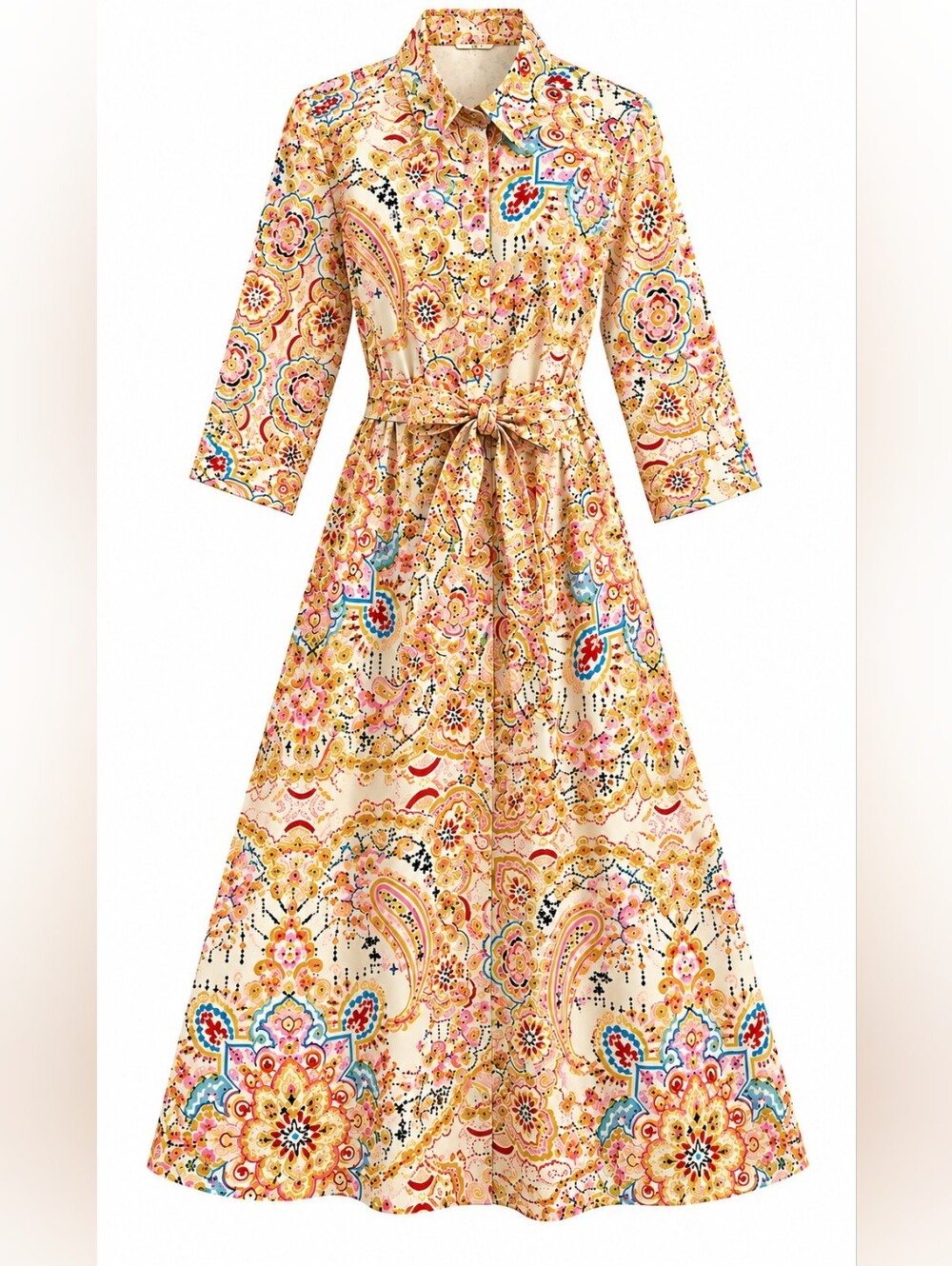 Zara Printed Midi Shirt Dress | Size Small | 100% Cotton | Belted